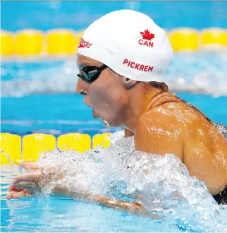  ?? ADAM PRETTY/GETTY IMAGES ?? Sydney Pickrem of Clearwater, B.C., competes during the women’s 400-metre individual medley event at the FINA world championsh­ips on Sunday in Budapest, Hungary. Pickrem finished third.