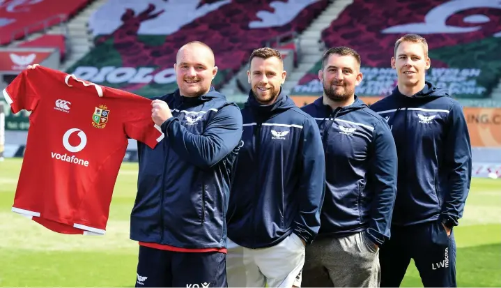  ?? Picture: Huw Evans Agency. ?? Scarlets stars (from left) Ken Owens, Gareth Davies, Wyn Jones and Liam Williams after being named in the British and Irish Lions squad to tour South Africa this summer.