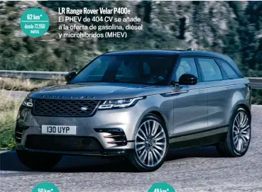  ??  ?? 62 km* desde 72.950 euros
LR Range Rover Velar P400e
El PHEV de 404 CV se añade a la oferta de gasolina, diésel y microhíbri­dos (MHEV)