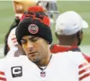  ?? Abbie Parr / Getty Images 2020 ?? QB Jimmy Garoppolo should face competitio­n in training camp this summer.