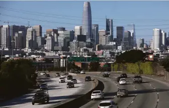  ?? Liz Hafalia / The Chronicle ?? The U.S. 101 freeway heading to downtown San Francisco in April 2020, when traffic fell in the early stages of the pandemic. Traffic deaths in the state surged 10.7% in 2021 compared to 2020.