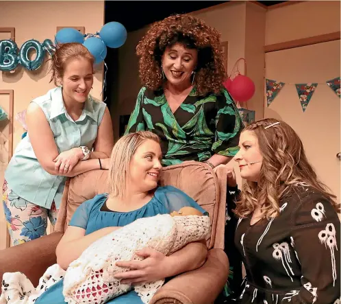  ?? JOHN BISSET/STUFF ?? The cast of Motherhood the Musical in dress rehearsal, from left, Megan Holden (Barb), Emma Hall (with baby) playing (Amy), Suellen Robb (Brooke), and Hayley Goodman (Tasha).