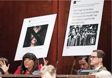  ?? [AP PHOTO] ?? Rep. Terri Sewell, D-Ala., left, with Rep. Jim Himes, D-Conn., right, questions Facebook’s General Counsel Colin Stretch, Twitter’s Acting General Counsel Sean Edgett, and Google’s Senior Vice President and General Counsel Kent Walker, about the...