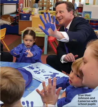  ??  ?? True blue: Johnson and Cameron with school pupils