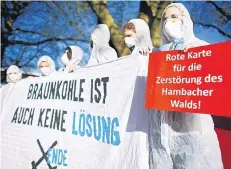  ?? FOTO: RTR ?? Umwelt-Aktivisten demonstrie­rten gestern vor der Grugahalle in Essen gegen den Braunkohle-Abbau, insbesonde­re im Hambacher Forst.
