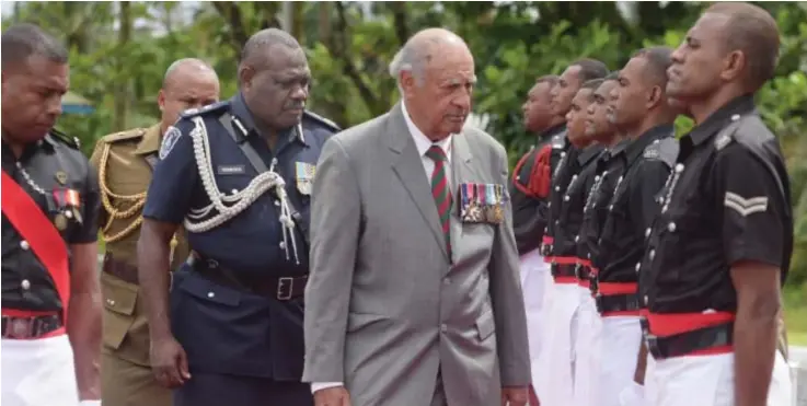  ?? Photo: Ronald Kumar ?? Police Remembranc­e Day ceremony chief guest, Speaker of Parliament Ratu Epeli Nailatikau inspects the guard of honour followed by the Acting Police Commission­er Rusiate Tudravu at the Police Special Response Unit in Nasinu on September 29, 2020.