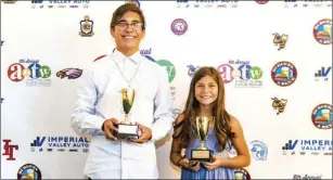  ??  ?? ABOVE LEFT: Southwest High School head football coach John Mitosinka smiles with his trophy after winning Coach of the Year during the annual Athlete of the Week Awards Banquet held Wednesday at the Old Eucalyptus Schoolhous­e in El Centro.ABOVE RIGHT: Dominic Lerma of the El Centro Sunsations swim team (left) and Sophie Ruiz of the Imperial Valley Girls’ Softball League All-Stars pose after being selected as the Junior Male and Female Athletes of the Year during the Imperial Valley Press’s sixth annual Athlete of the Week Awards Banquet held Wednesday. VINCENT OSUNA PHOTOS