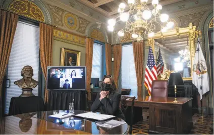  ?? Sarah Silbiger / Getty Images ?? Vice President Kamala Harris leads a meeting with labor leaders to commemorat­e Women’s History Month and the passage of the American Rescue Plan in Harris’ ceremonial office in the Eisenhower Executive Office Building last week.