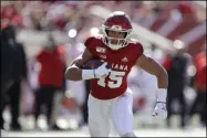  ?? DARRON CUMMINGS - THE ASSOCIATED PRESS ?? FILE - In this Oct. 12, 2019, file photo, Indiana wide receiver Nick Westbrook runs during the first half of an NCAA college football game against Rutgers, in Bloomingto­n, Ind. Gone for the most part this year are access to in-person interviews, campus workouts and visits to team headquarte­rs. Those who competed in college all-star games but didn’t receive a combine invite, like Indiana receiver Nick Westbrook, have the advantage of performing in front of scouts.