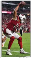  ?? AP/RALPH FRESO ?? Arizona Cardinals wide receiver Larry Fitzgerald spikes the football after catching a two-point conversion that gave the Cardinals an 18-15 lead with 34 seconds left Sunday against the San Francisco 49ers in Glendale, Ariz.