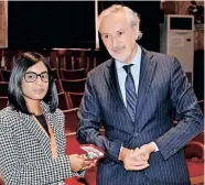  ?? Supplied ?? DR NERISSA Naidoo with Lorenzo Angeloni, ambassador and directorat­e general for the department of Promotion of the Country System in Italy’s Ministry of Foreign Affairs and Internatio­nal Cooperatio­n.
|