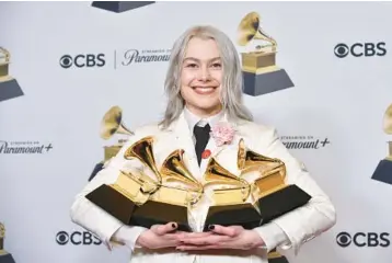  ?? RICHARD SHOTWELL/INVISION ?? Phoebe Bridgers of boygenius took home four trophies on Feb. 4 at the Grammy Awards, more than any other performer.