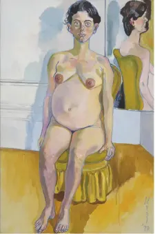 ??  ?? 9. Margaret Evans Pregnant, 1978, Alice Neel, oil on canvas, 146.7 × 97.8cm. Institute of Contempora­ry Art, Boston