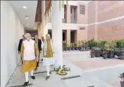  ?? PTI ?? Prime Minister Narendra Modi and BJP chief Amit Shah inspect the newly inaugurate­d BJP headquarte­rs in New Delhi on Sunday.