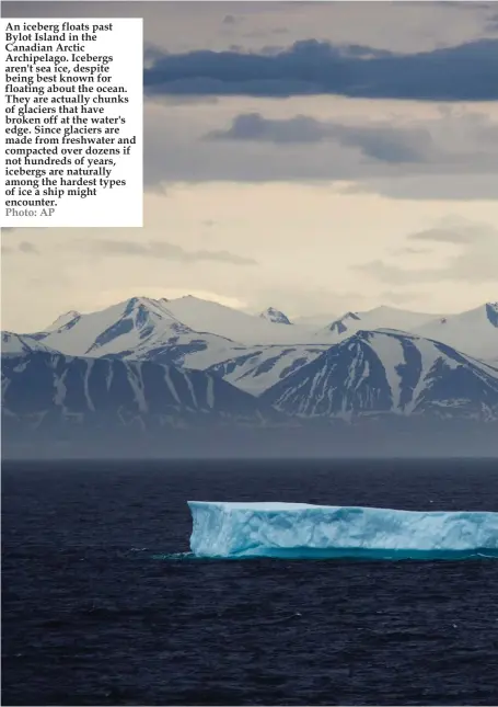  ??  ?? An iceberg floats past Bylot Island in the Canadian Arctic Archipelag­o. Icebergs aren't sea ice, despite being best known for floating about the ocean. They are actually chunks of glaciers that have broken off at the water's edge. Since glaciers are...