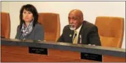  ?? OSCAR GAMBLE — DIGITAL FIRST MEDIA ?? Conshohock­en Borough Council Vice President Karen Tutino, left, and council President James Griffin listen to residents’ concerns regarding a developer’s proposal to build a Wawa on the north end of Fayette Street, Wednesday, Nov. 15, 2017.