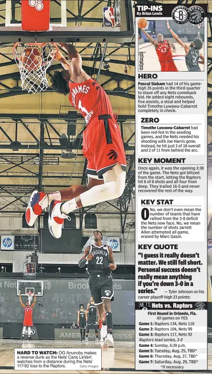  ?? Getty Images ?? HARD TO WATCH: OG Anunoby makes a reverse dunk as the Nets’ Caris LeVert watches from a distance during the Nets’ 117-92 loss to the Raptors.