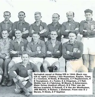  ??  ?? Springbok squad at Stalag IVB in 1944: (Back row, left to right) J Oakley, I Van Huyssteen, Kaplan, Timm, G J Coetzee, N Hinds, B Wessels, C F Heydenreic­h, H B Youngleson, A L Foster, E A Chapman, J V Rall. Middle row: A j Fabricius, M Moore, G...