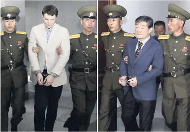  ?? AP ?? In this combinatio­n of file photos, US citizens Otto Warmbier on March 16, 2016 (left), and Kim Dong Chul on April 29, 2016, are escorted at court in Pyongyang, North Korea. North Korea has detained US citizen Tony Kim, who also goes by his Korean name...