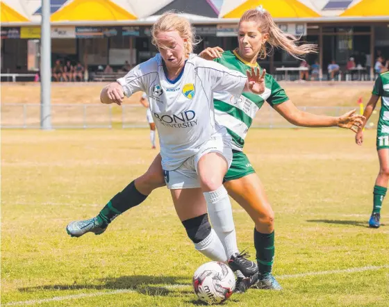  ?? Picture: CHRIS SIMPSON ?? Gold Coast United centre forward Mackenzie Akins scored all three goals in her team’s 4-3 loss to Mitchelton.