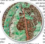  ??  ?? On a mosaic map of Africa and a portion of Europe a thin red line marks the path from birth to death of the soldiers. From the centre of the enclosed space, a rim of sea horizon can be seen at every point except where hidden by the memorial itself.