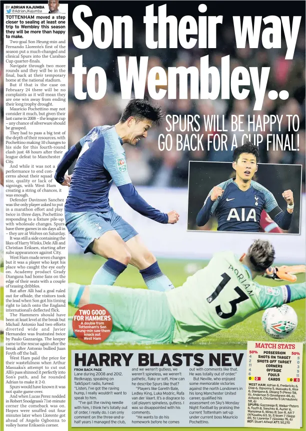  ??  ?? TWO GOOD FOR HAMMERS A double from Tottenham’s Son Heung-min saw them knock outWest Ham