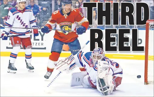  ?? AP ?? THERE’S NO STOPPING THEM: Adam Fox (left) and Patric Hornqvist watch as Igor Shesterkin is unable to make a save on a goal scored by Anton Lundell during the second period of the Rangers’ 4-3 loss to the Panthers on Wednesday.