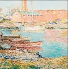  ??  ?? Childe Hassam’s “The Red Mill,” (Cos Cob, 1896, Oil on canvas) was recently purchased by the Greenwich Historical Society with funds from Susan and Jim Larkin, Sally and Larry Lawrence, Mr. and Mrs. Peter L. Malkin, Debbie and Russ Reynolds, Reba and Dave Williams, and Lily Downing and David Yudain.