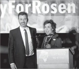  ?? STEVE MARCUS ?? Jimmy Kimmel campaigns with Jacky Rosen during a rally Nov. 2 at the Arts District in downtown Las Vegas.