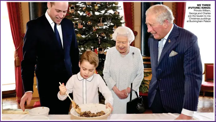  ??  ?? WE THREE (FUTURE) KINGS: Princes William, George and Charles join the Queen to mix Christmas puddings at Buckingham Palace