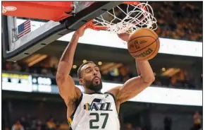  ?? (AP/Rick Bowmer) ?? Utah Jazz center Rudy Gobert dunks against the Dallas Mavericks in the second half of Game 4 of their NBA Western Conference first-round playoff series Saturday in Salt Lake City.