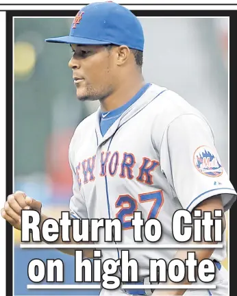  ??  ?? KEY COMPONENT: Jeurys Familia pumps his fist after collecting his first save of the season during the Mets’ 4- 3 win over the Braves on Sunday.
AP