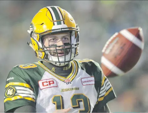  ?? MARK TAYLOR/THE CANADIAN PRESS ?? Eskimos quarterbac­k Mike Reilly is the West nominee and up against the Argonauts’ Ricky Ray for the CFL’s most outstandin­g player award. The winner will be announced Nov. 23.