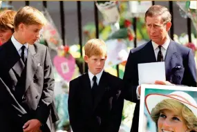  ??  ?? While the princes were forced to mourn in public after Diana’s death in 1997, they acknowledg­e Charles was doing his best as their one remaining parent.