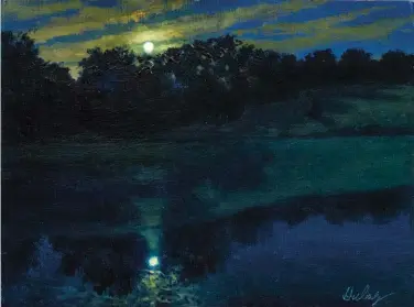  ??  ?? Moonrise September
There are few moments more pleasant and peaceful than painting at night, in fine weather, under a full moon. With a palette restricted to ultramarin­e and prussian blue, yellow ochre, black and white, the real job is in getting the values right. When you do, magic can happen.