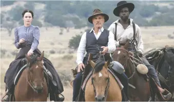  ?? QUIVER DISTRIBUTI­ON ?? Rachel Brosnahan, left, Christoph Waltz and Warren Burke star in Walter Hill's Dead for A Dollar, a film shot in New Mexico that revives the acclaimed director's passion for westerns.