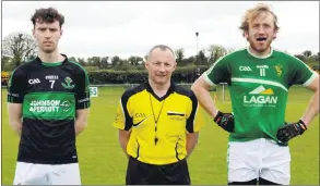  ?? (Pic: P O’Dwyer) ?? Glanworth captain Dave Pyne with referee Colm Maher and Nemo Rangers captain, James O’Donovan before the Cork Credit Unions Division 2 FL last Saturday, played in Glanworth.