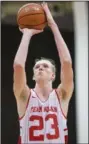  ?? (NWA Democrat-Gazette/ Ben Goff) ?? Sophomore transfer Connor Vanover brings the Razorbacks height at 7-3 and also boosts the team’s three-point shooting ability.
