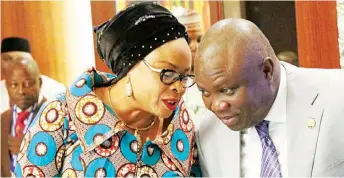  ??  ?? Lagos State Governor, Akinwumi Ambode ( right); and Enugu State Deputy Governor, Mrs. Cecilia Ezelo, at the National Economic Council Meeting at the State House Abuja... yesterday. PHOTO: PHILIP OJISUA