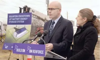  ?? METROLAND ?? Ontario Transporta­tion Minister Steven Del Duca and MPP Laura Albanese (York South—Weston) announced on Tuesday that Metrolinx’s new power plant would be battery-powered, not gas-powered.