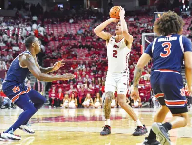  ?? (NWA Democrat-Gazette/Hank Layton) ?? Arkansas forward Trevon Brazile (2) shoots Jan. 6 during the second half of the Razorbacks’ 83-51 loss to the Auburn Tigers at Walton Arena in Fayettevil­le.