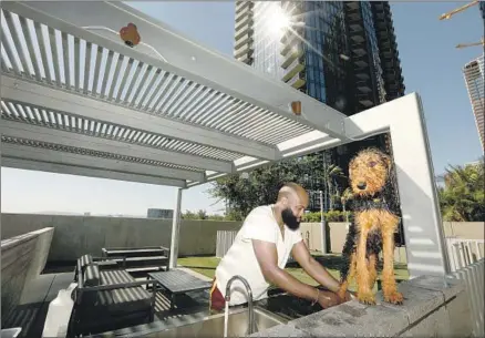  ?? Genaro Molina Los Angeles Times ?? EVAN FARMER, a resident of Circa in downtown L.A., washes his dog off in a dog park — one of the complex’s many tenant perks.