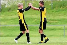  ??  ?? Dom Wooldridge and Andre de Jong celebrate the latter’s second goal in Eastern Suburbs’ 2-0 win over Waitakere United.