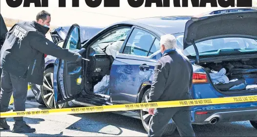  ??  ?? SMASH: Cops inspect a car near the Capitol Friday after Noah Green (below right) allegedly ran it into a barrier, killing Capitol Police Officer William Evans (below left). Green was shot dead.