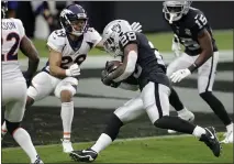  ?? ISAAC BREKKEN — THE ASSOCIATED PRESS ?? Las Vegas Raiders running back Josh Jacobs practiced for the first time Thursday after missing last week as well as a 31-28 win over the New York Jets with an ankle injury.