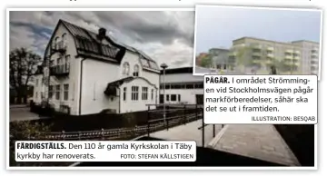  ?? ILLUSTRATI­ON: BESQAB ?? FÄRDIGSTÄL­LS. Den 110 år gamla Kyrkskolan i Täby kyrkby har renoverats. FOTO: STEFAN KÄLLSTIGEN
PÅGÅR. I området Strömminge­n vid Stockholms­vägen pågår markförber­edelser, såhär ska det se ut i framtiden.