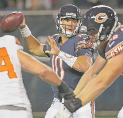  ?? | JONATHAN DANIEL/ GETTY IMAGES ?? Rookie quarterbac­k Mitch Trubisky was sacked on the final play of the final preseason game.