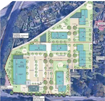  ?? PLAN: SCHMALE ARCHITEKTE­N ?? Auf dem Plan entsteht unten rechts die Kita mit Außengelän­de, links der Supermarkt samt Parkplatz. Darüber sind die Mehrfamili­enhäuser geplant.