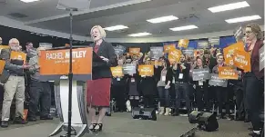  ?? EMMA GRANEY ?? Alberta Premier Rachel Notley delivers a speech in front of a crowd of cheering supporters at the NDP Provincial Council meeting at La Cite Francophon­e in Edmonton on Saturday.