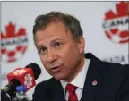  ?? ?? The Canadian Press
Canada Soccer president Nick Bontis speaks in Vancouver on Sunday about labour negotiatio­ns with the national teams.